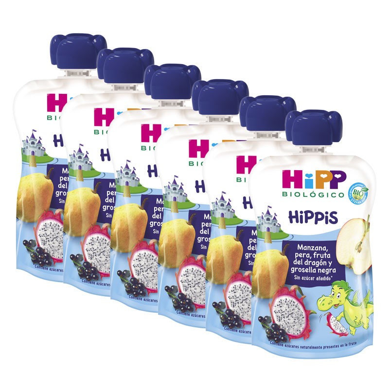 Pouches Dragon (Manzana,Pera,F.Dragon,Grosella) Bio 6x100g Hipp | D...