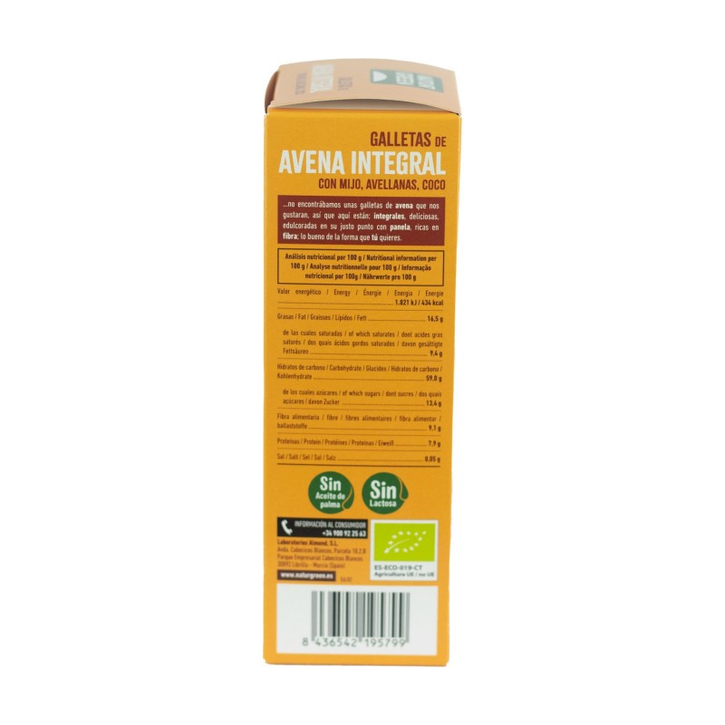 GALLETA DE AVENA INTEGRAL CON MIJO, AVELLANAS COCO