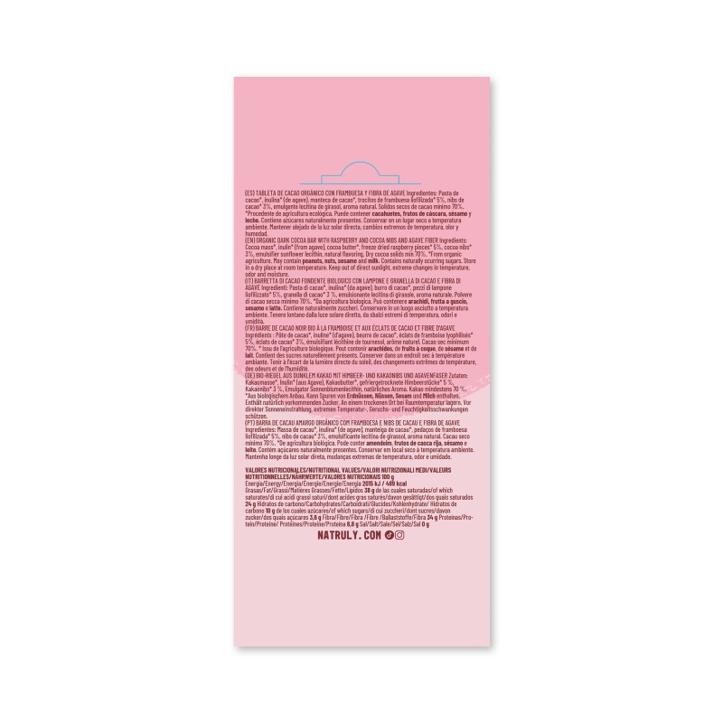Tableta de Chocolate con Frambuesa y nibs de Cacao BIO 85g Natruly ...