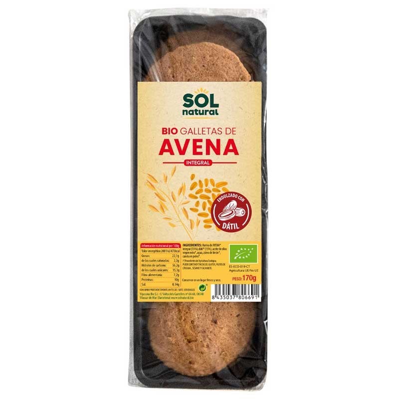 Galletas de Avena integral endulzadas con Datil Bio 170g Sol Natura...