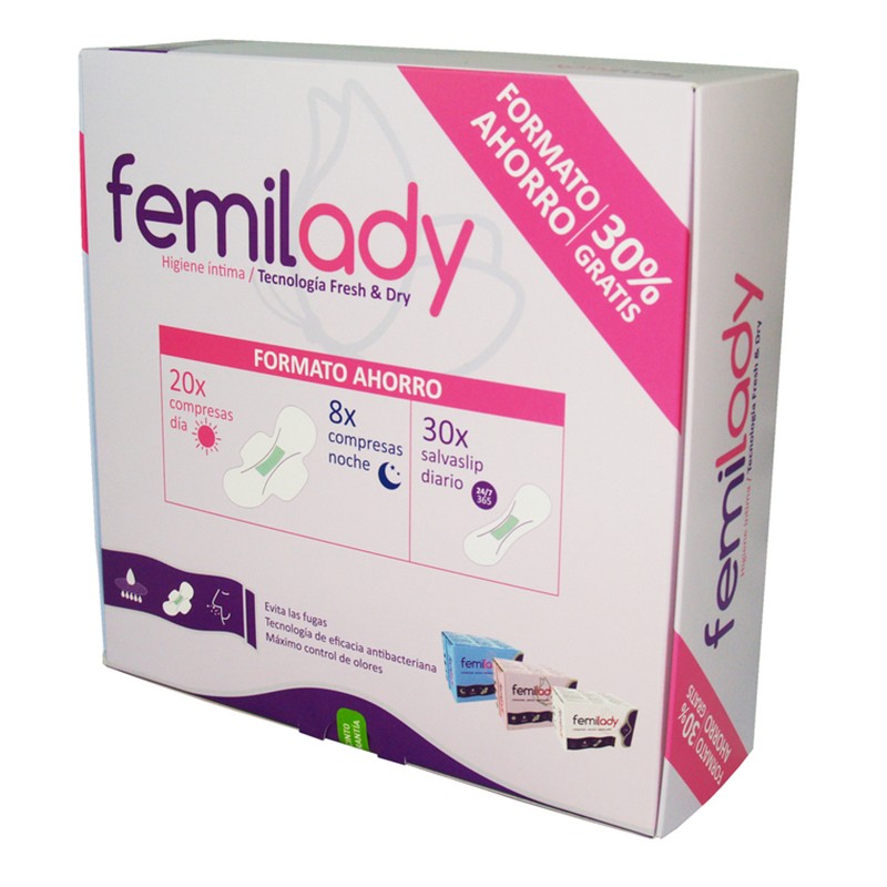 PACK 20 COMPRESAS D–A, 8 NOCHE Y 30 SALVASLIP FEMI